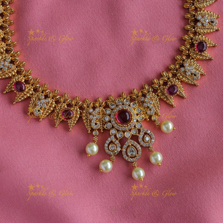 Statement Floral and leaf design short necklace with ruby CZ stones and pearl drops - pink - Sparkle and Glow - Multi - Back Thread