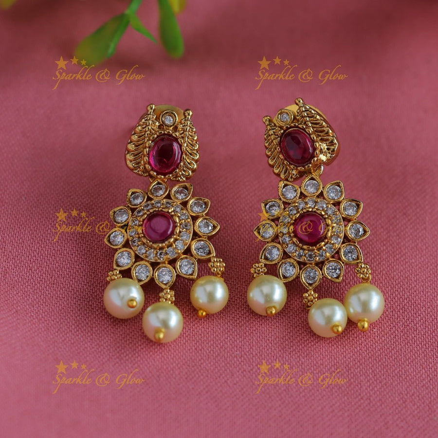 Statement Floral and leaf design short necklace with ruby CZ stones and pearl drops - pink - Sparkle and Glow - Pink - Back Thread