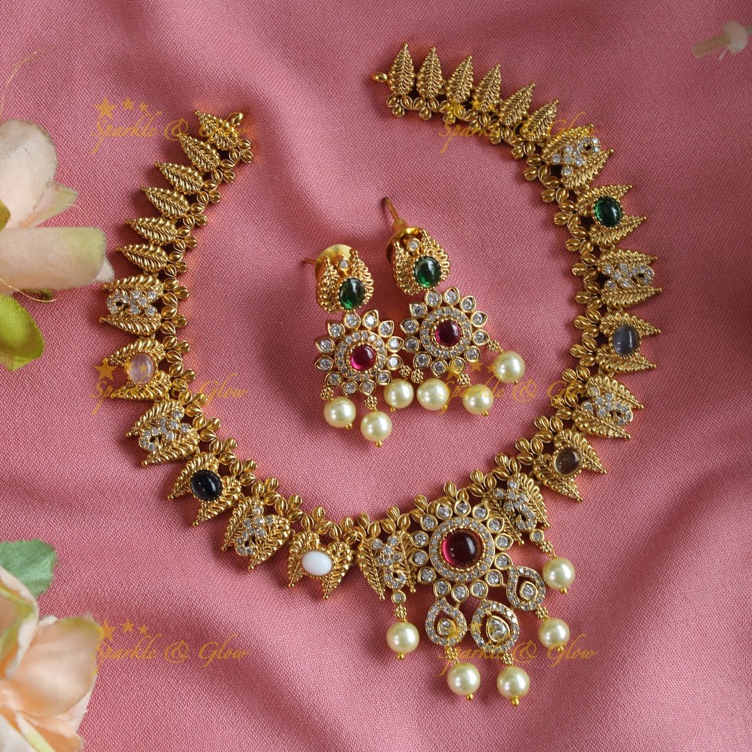 Statement Floral and leaf design short necklace with ruby CZ stones and pearl drops - pink - Sparkle and Glow - Pink - Back Thread