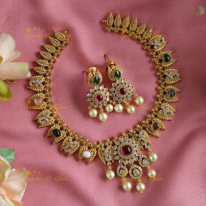 Statement Floral and leaf design short necklace with ruby CZ stones and pearl drops - pink - Sparkle and Glow - Pink - Back Thread