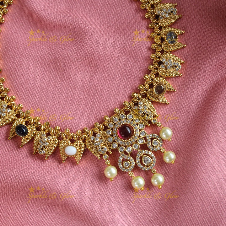 Statement Floral and leaf design short necklace with ruby CZ stones and pearl drops - pink - Sparkle and Glow - Multi - Back Thread