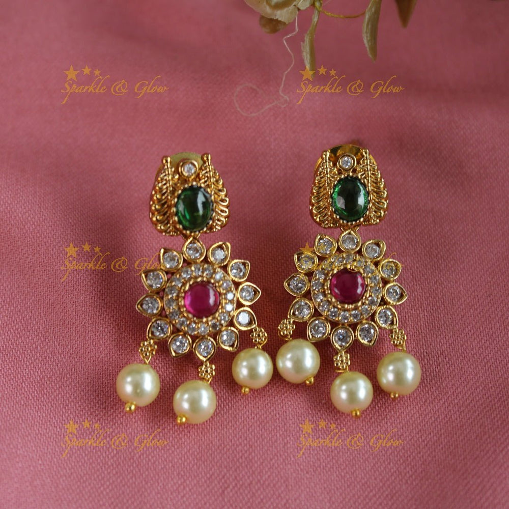 Statement Floral and leaf design short necklace with ruby CZ stones and pearl drops - pink - Sparkle and Glow - Pink - Back Thread