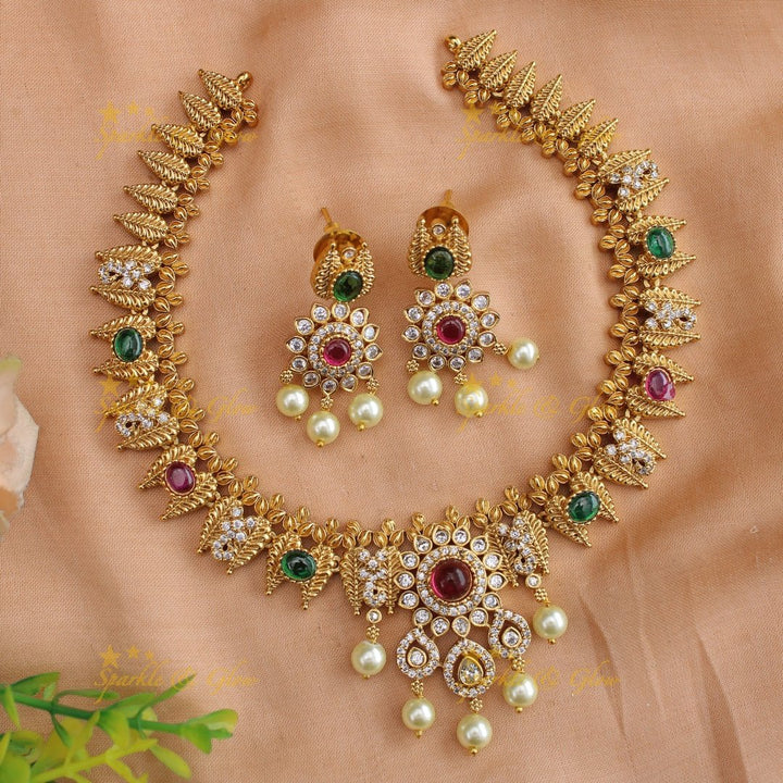 Statement Floral and leaf design short necklace with ruby CZ stones and pearl drops - pink - Sparkle and Glow - Pinkgreen - Back Thread