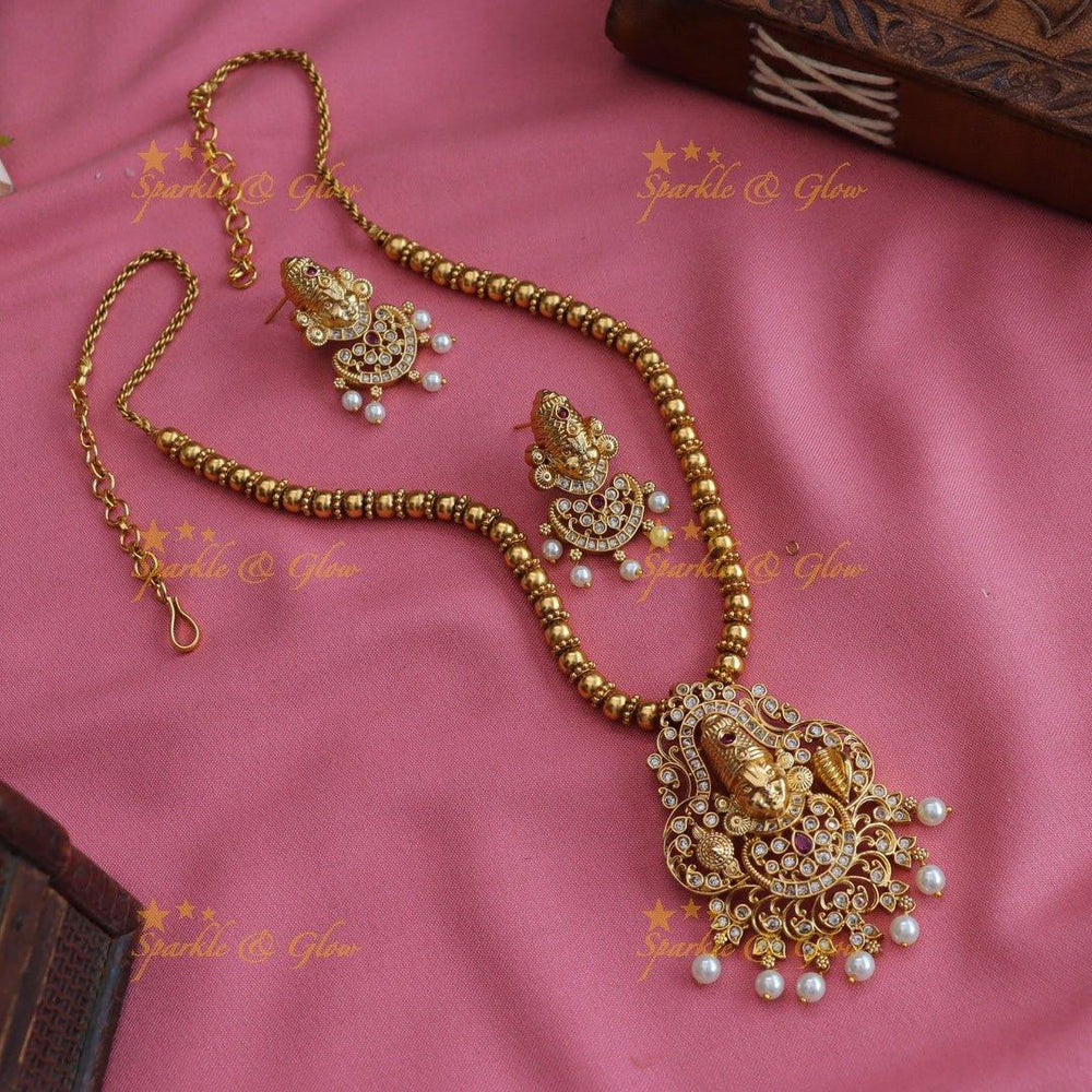 Gold alike Balaji pendant short necklace with CZ stones gold beads and pearl drops - ruby - Sparkle and Glow