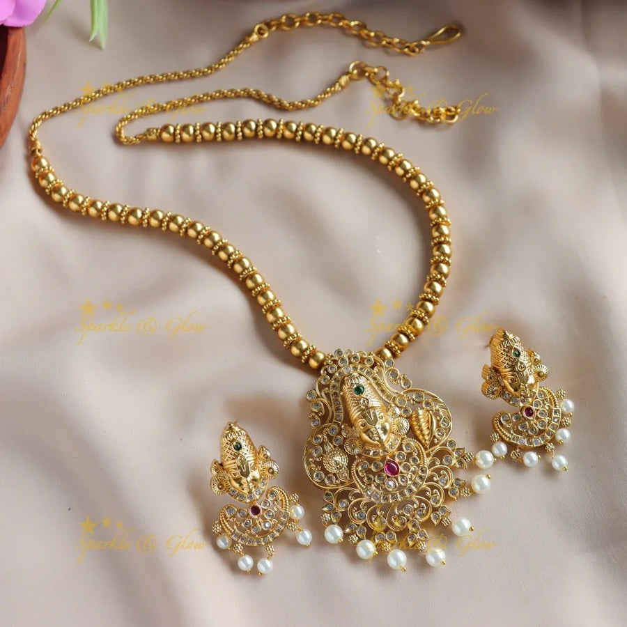 Gold alike Balaji pendant short necklace with CZ stones gold beads and pearl drops - ruby - Sparkle and Glow