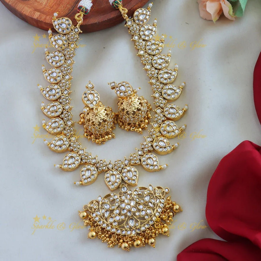 Beautiful Peacock floral mango short necklace with gold beads - white - Sparkle and Glow
