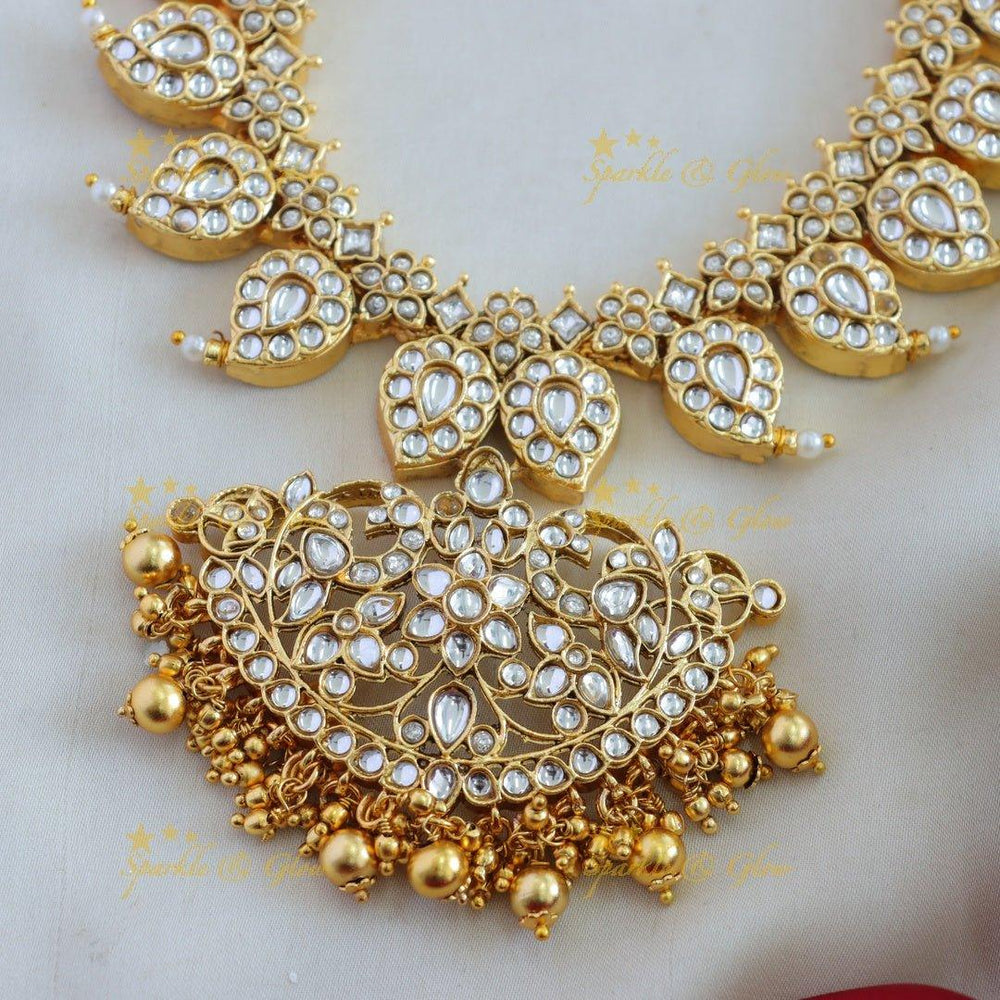 Beautiful Peacock floral mango short necklace with gold beads - white - Sparkle and Glow