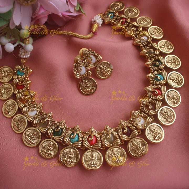 Sparkling Idol Ganesha Lakshmi Coin short necklace-Navarathna - Sparkle and Glow