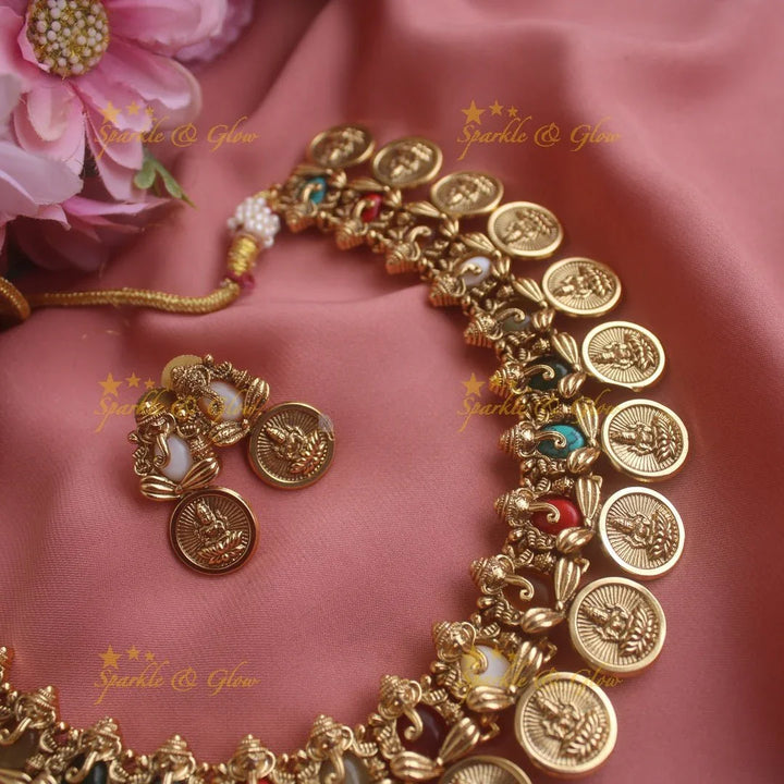 Sparkling Idol Ganesha Lakshmi Coin short necklace-Navarathna - Sparkle and Glow