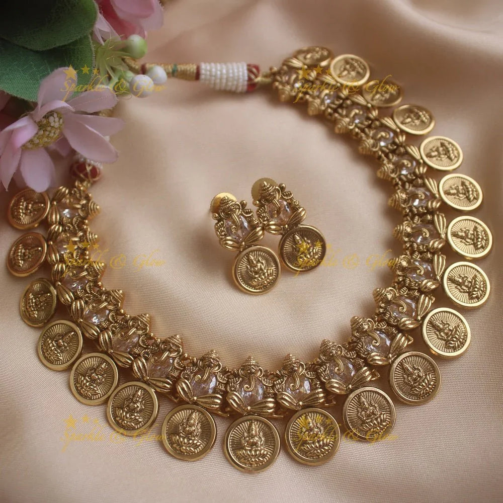 Sparkling Idol Ganesha Lakshmi Coin short necklace-Navarathna - Sparkle and Glow