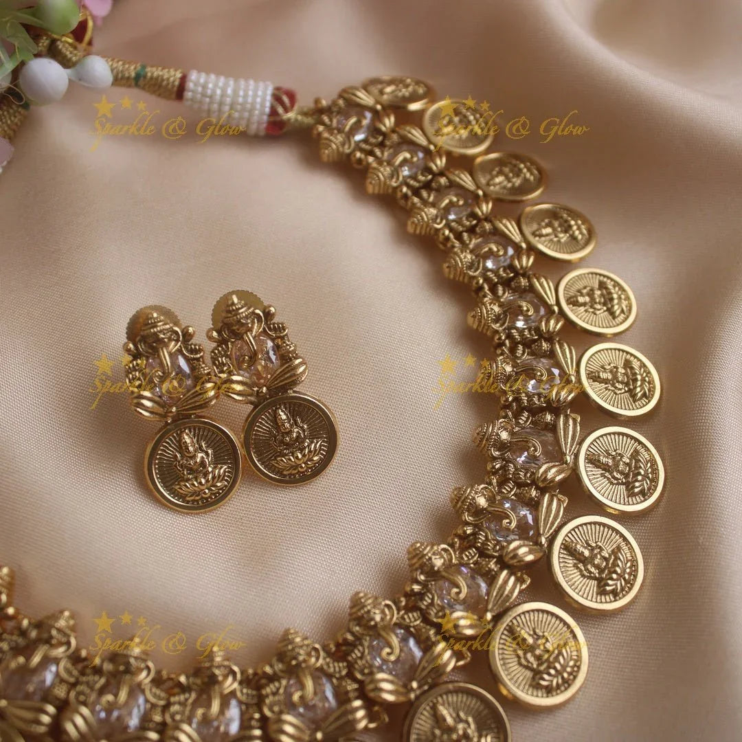 Sparkling Idol Ganesha Lakshmi Coin short necklace-Navarathna - Sparkle and Glow