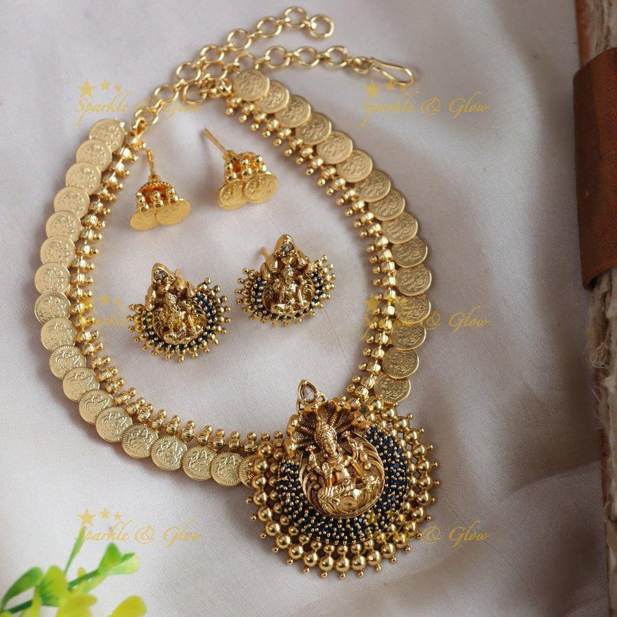 Grand Lakshmi coin short necklace with ruby stones and gold beads - pink - Sparkle and Glow