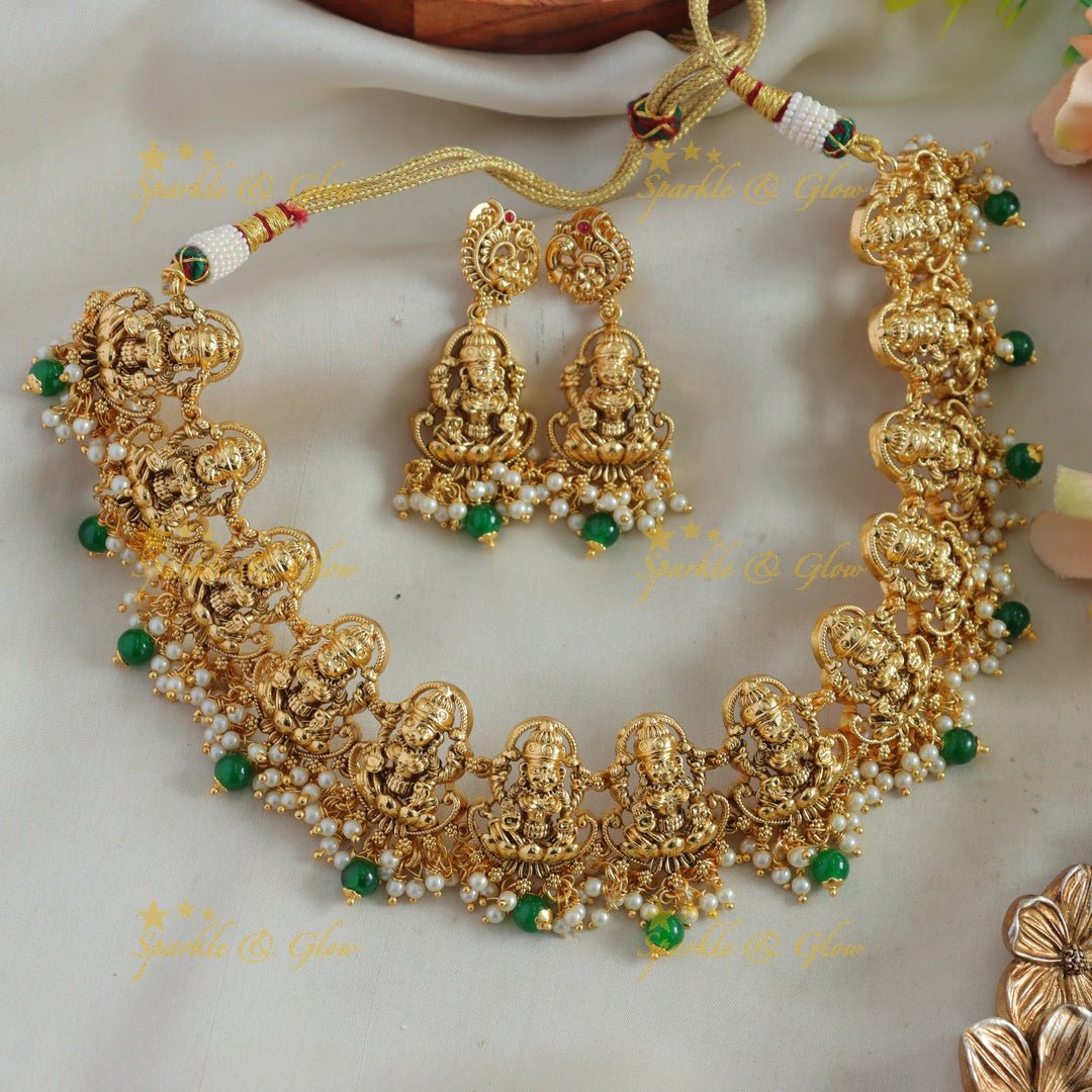 Statement Lakshmi carved gutta pusalu short necklace with green beads - Sparkle and Glow - Green - Back Thread