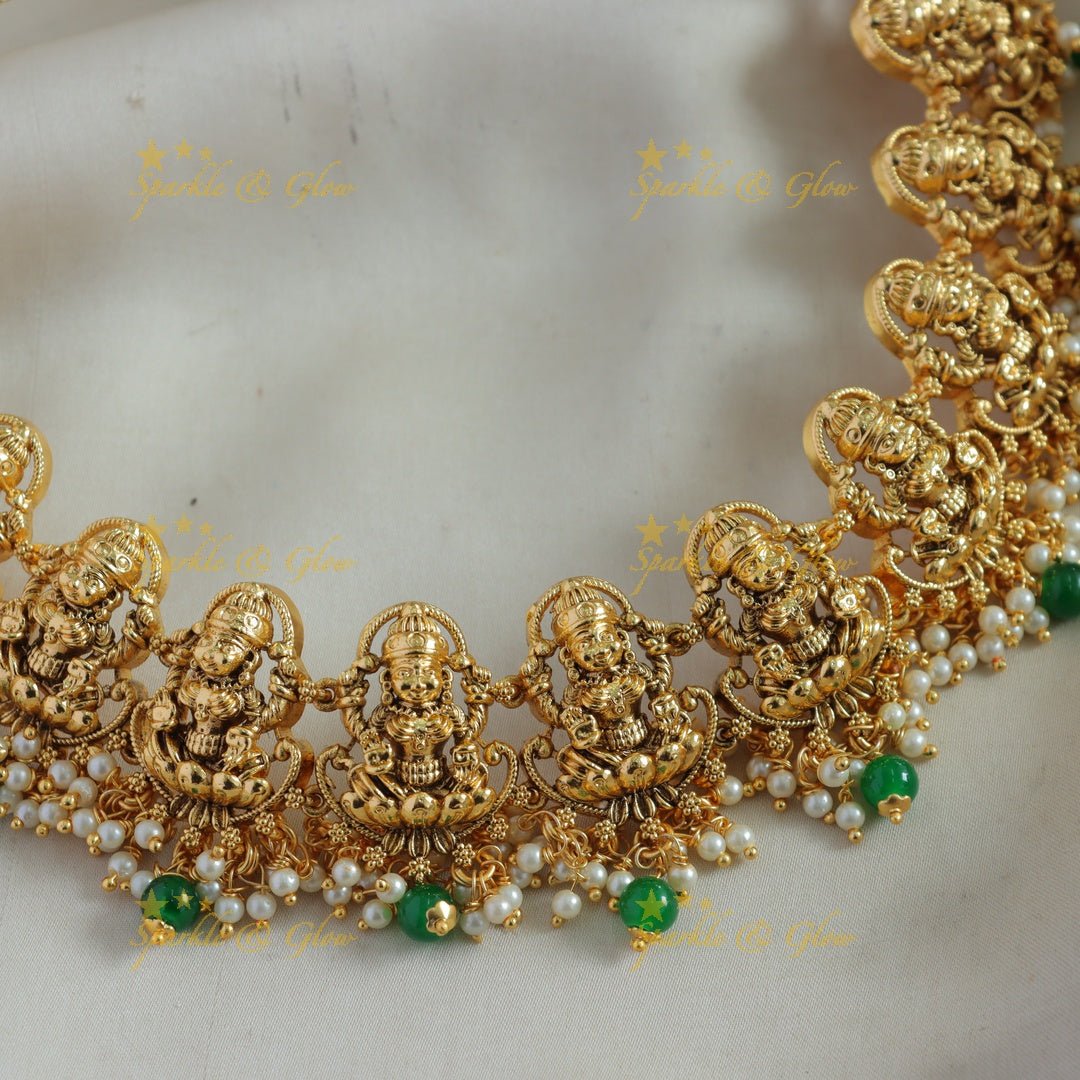 Statement Lakshmi carved gutta pusalu short necklace with green beads - Sparkle and Glow - Gold - Back Thread