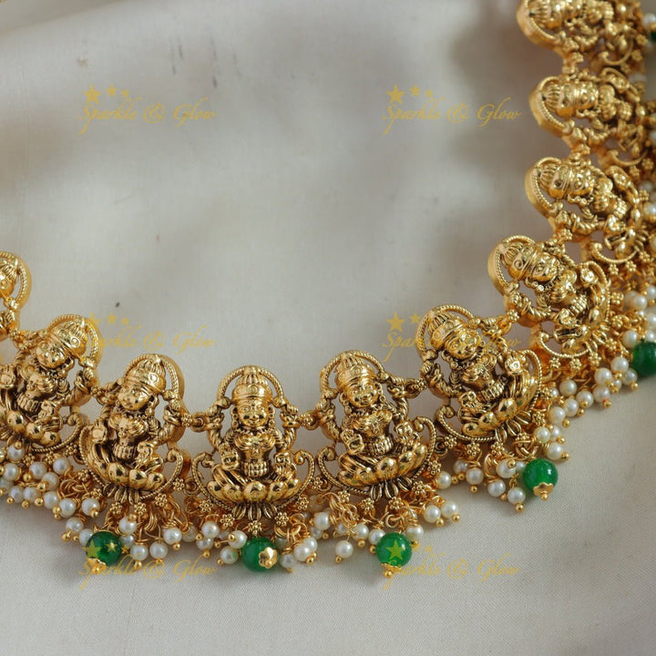 Statement Lakshmi carved gutta pusalu short necklace with green beads - Sparkle and Glow - Gold - Back Thread
