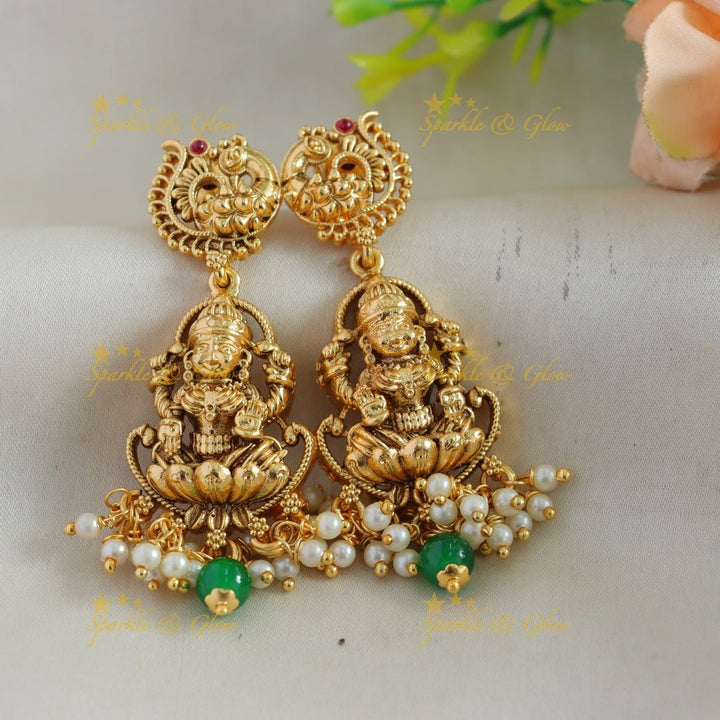 Statement Lakshmi carved gutta pusalu short necklace with green beads - Sparkle and Glow - Gold - Back Thread
