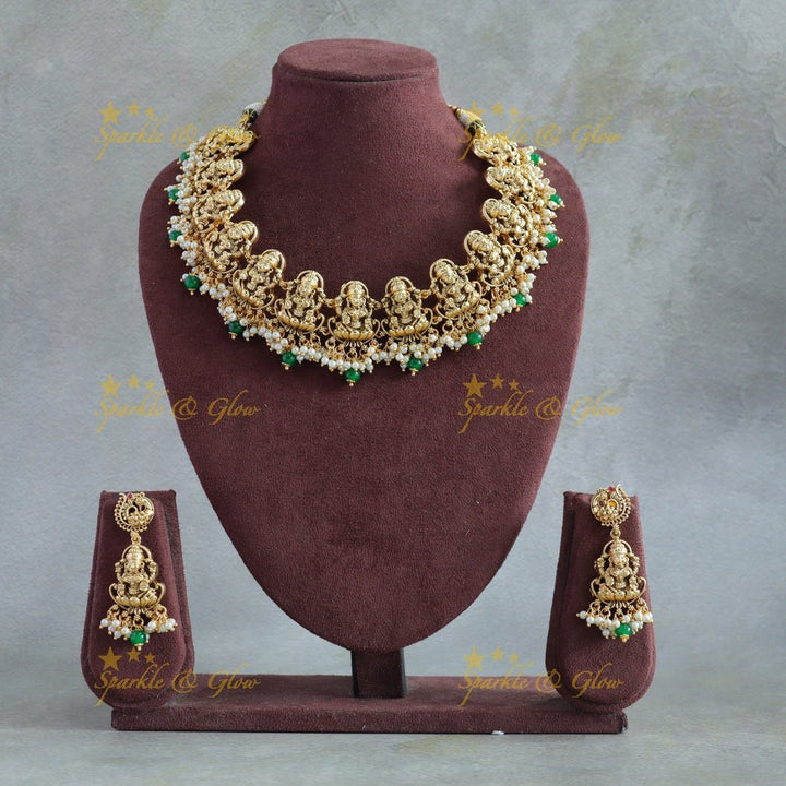 Statement Lakshmi carved gutta pusalu short necklace with green beads - Sparkle and Glow - Gold - Back Thread