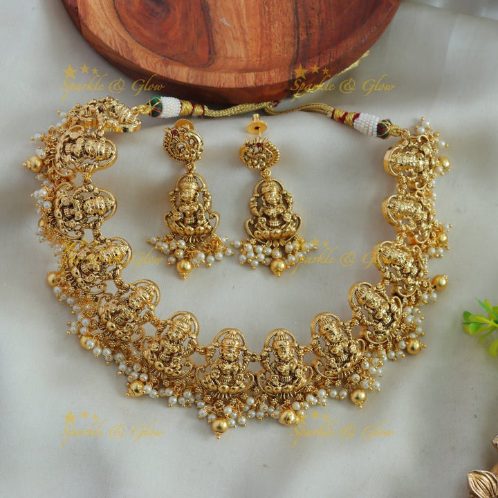 Statement Lakshmi carved gutta pusalu short necklace with green beads - Sparkle and Glow - Gold - Back Thread