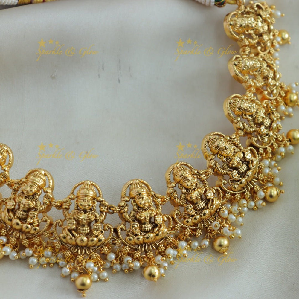 Statement Lakshmi carved gutta pusalu short necklace with green beads - Sparkle and Glow - Gold - Back Thread