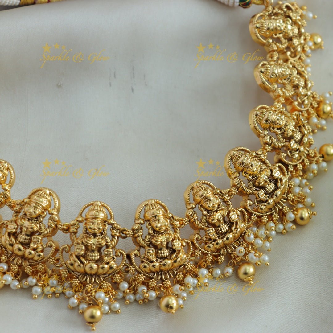 Statement Lakshmi carved gutta pusalu short necklace with green beads - Sparkle and Glow - Gold - Back Thread