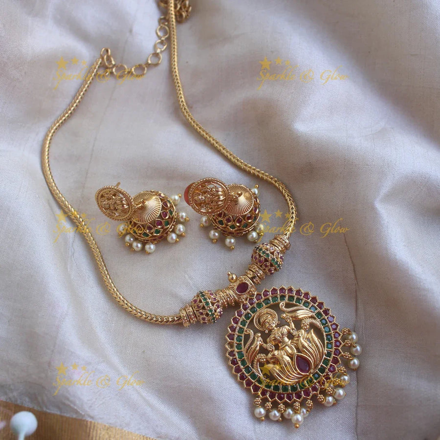 Idol Lakshmi Lotus pendant short necklace-Rubygreen - Sparkle and Glow