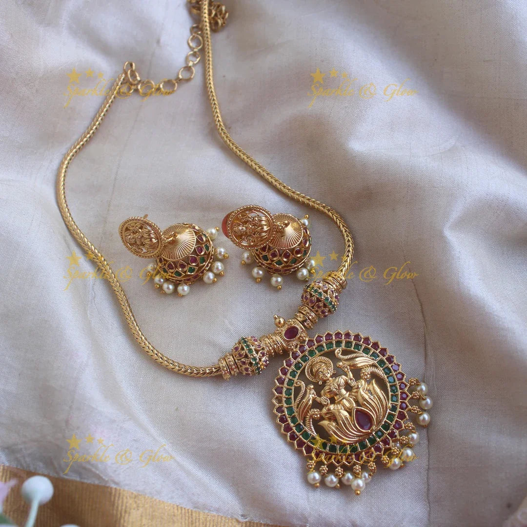 Idol Lakshmi Lotus pendant short necklace-Rubygreen - Sparkle and Glow
