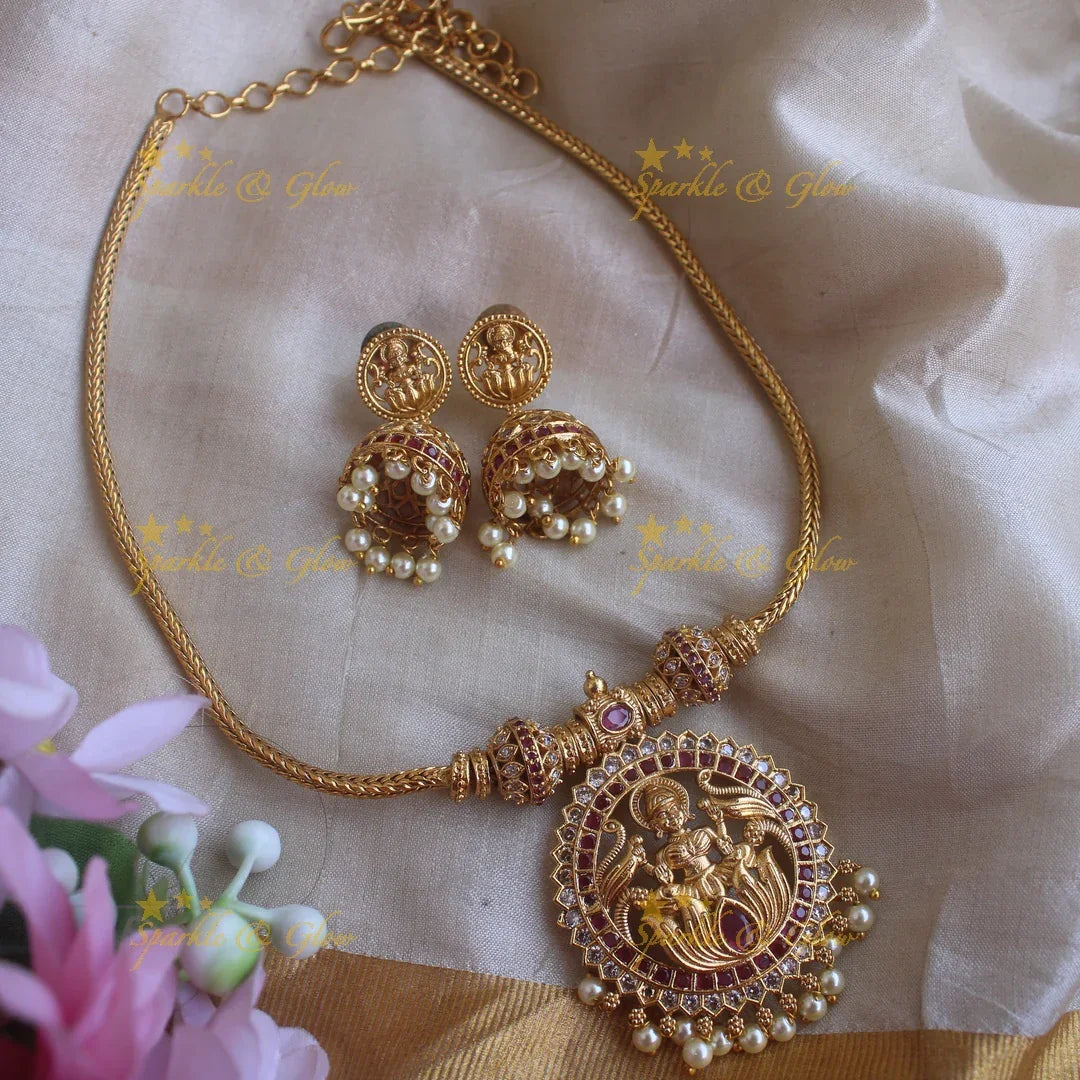 Idol Lakshmi Lotus pendant short necklace-Rubygreen - Sparkle and Glow