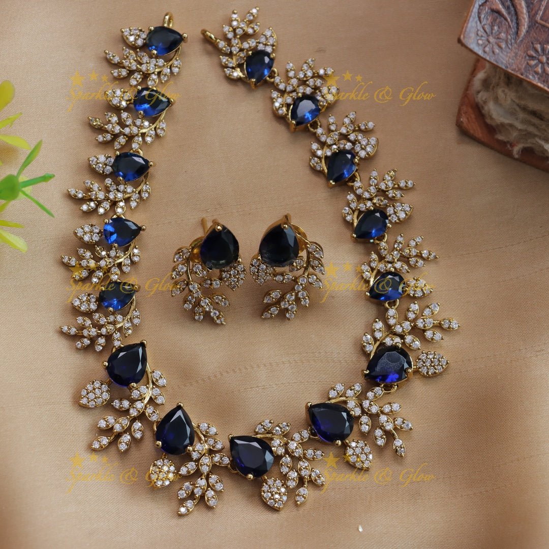 Exclusive Water drop stone and branch design AD short necklace - blue - Sparkle and Glow - Blue - Back Thread