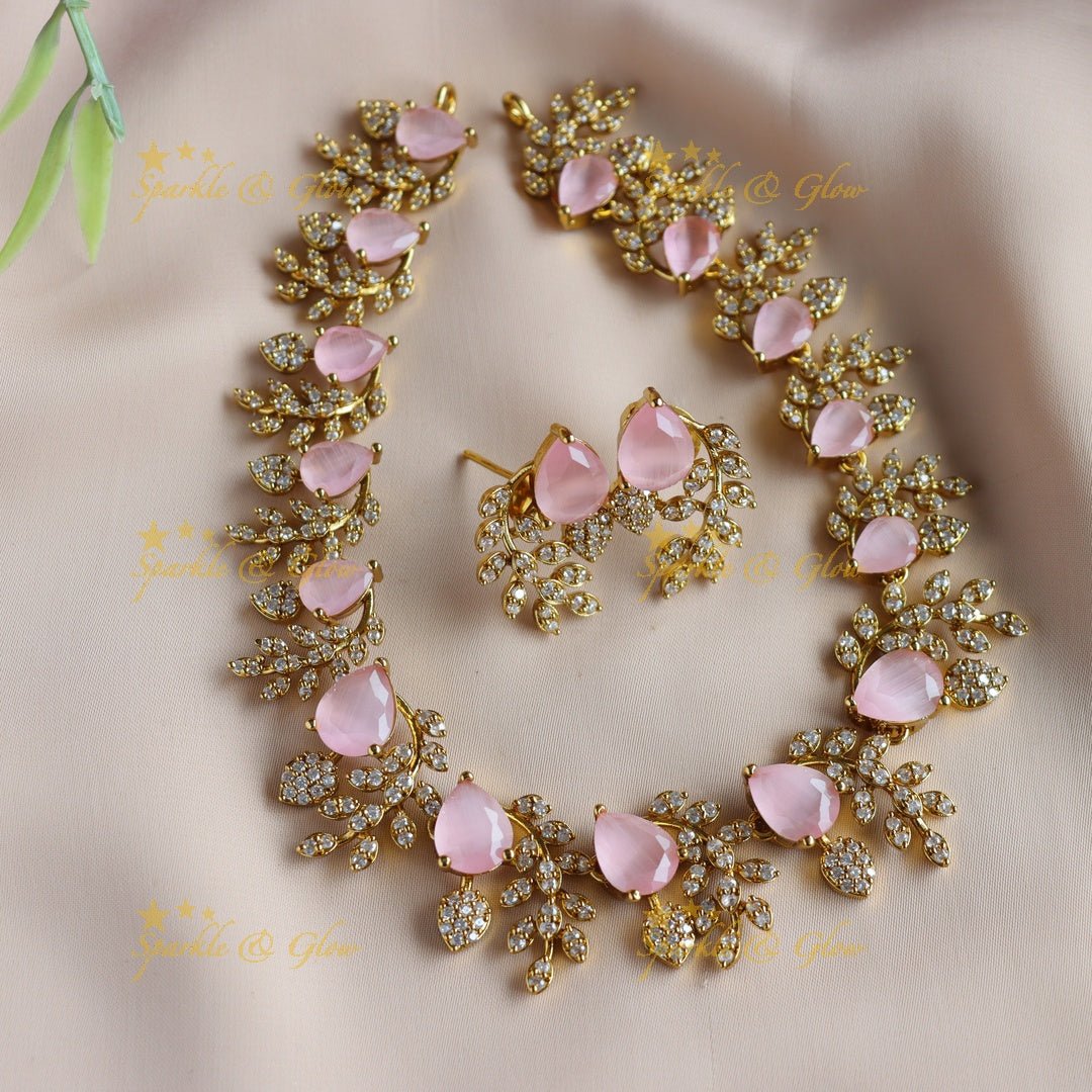 Exclusive Water drop stone and branch design AD short necklace - blue - Sparkle and Glow - Babypink - Back Thread