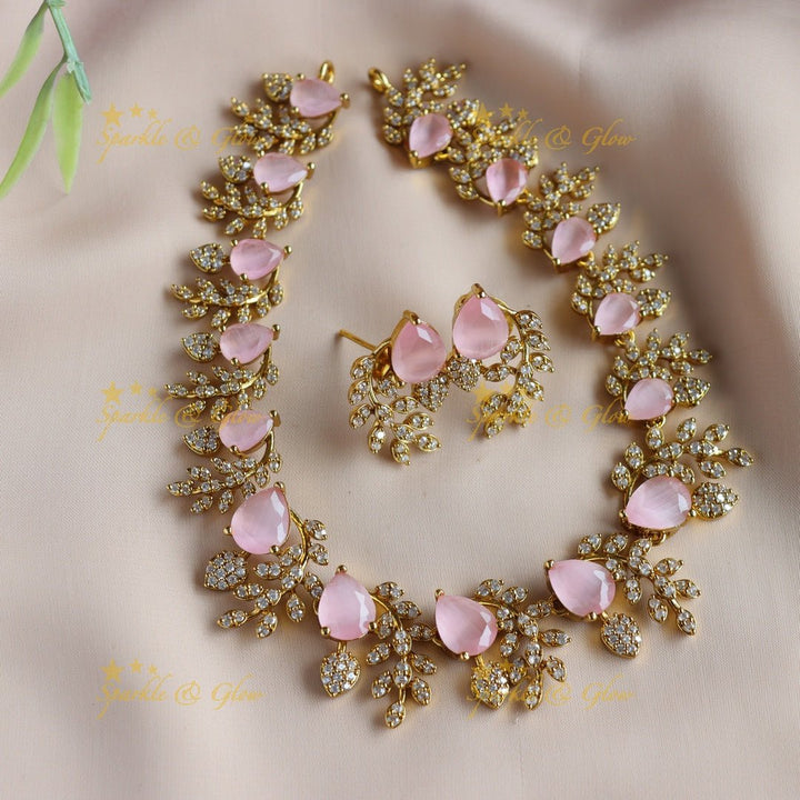 Exclusive Water drop stone and branch design AD short necklace - blue - Sparkle and Glow - Babypink - Back Thread
