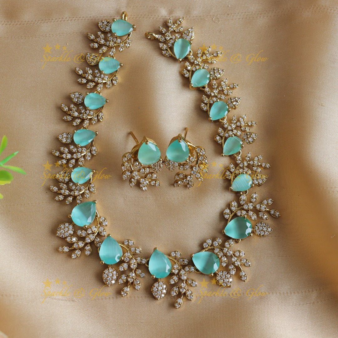Exclusive Water drop stone and branch design AD short necklace - blue - Sparkle and Glow - Babypink - Back Thread