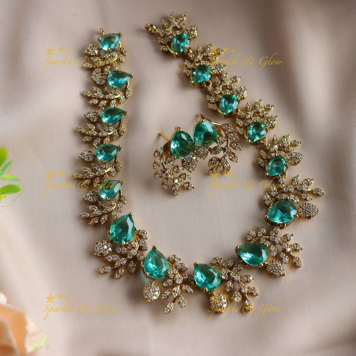 Exclusive Water drop stone and branch design AD short necklace - blue - Sparkle and Glow - Mintgreen - Back Thread