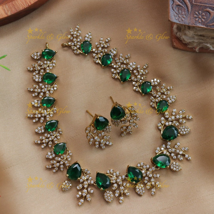 Exclusive Water drop stone and branch design AD short necklace - blue - Sparkle and Glow - Green - Back Thread