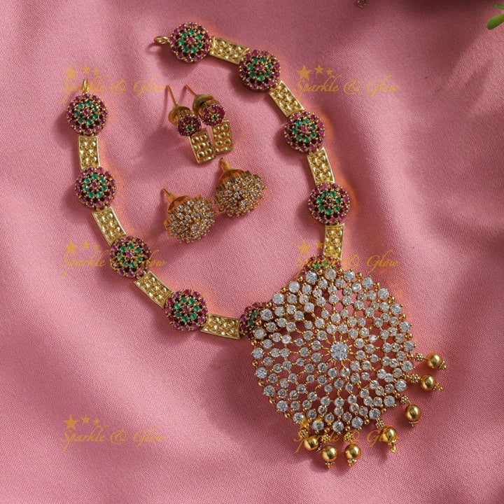 Statement Floral design pendant AD short necklace with ruby emerald and gold beads - multi 1 - Sparkle and Glow - Multi1 - Back Thread