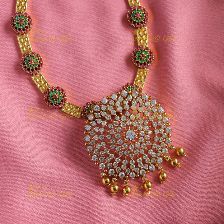 Statement Floral design pendant AD short necklace with ruby emerald and gold beads - multi 1 - Sparkle and Glow - Multi1 - Back Thread