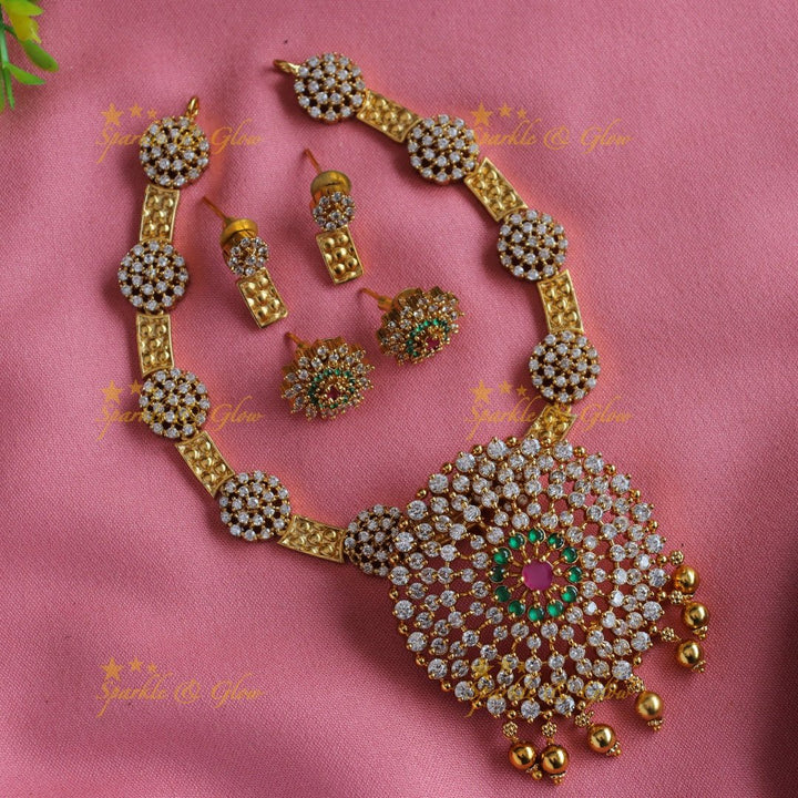 Statement Floral design pendant AD short necklace with ruby emerald and gold beads - multi 1 - Sparkle and Glow - Multi2 - Back Thread