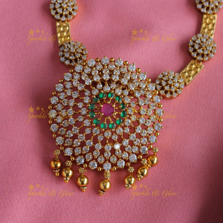 Statement Floral design pendant AD short necklace with ruby emerald and gold beads - multi 1 - Sparkle and Glow - Multi2 - Back Thread