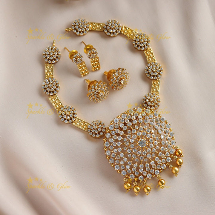 Statement Floral design pendant AD short necklace with ruby emerald and gold beads - multi 1 - Sparkle and Glow - White - Back Thread