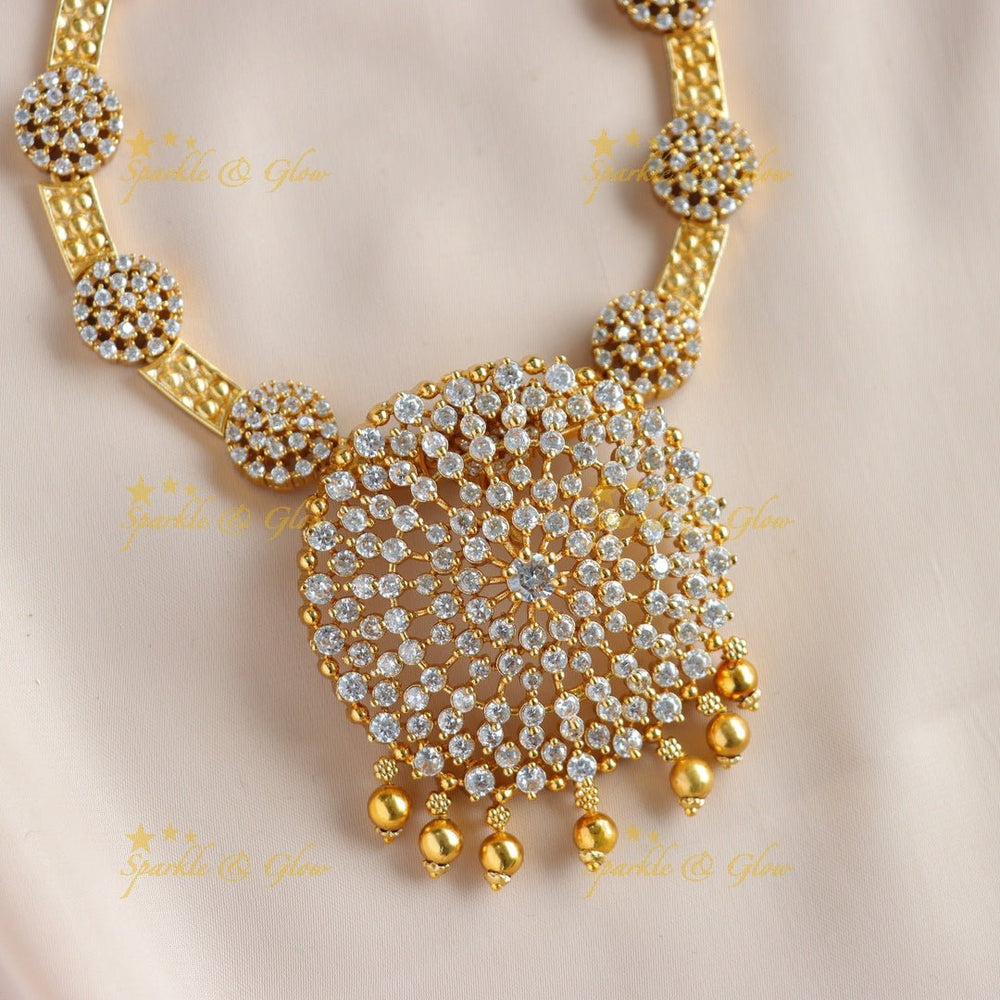 Statement Floral design pendant AD short necklace with ruby emerald and gold beads - multi 1 - Sparkle and Glow - Multi1 - Back Thread