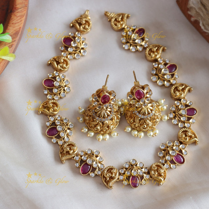 Elegant Floral and mango design AD short necklace with ruby stones