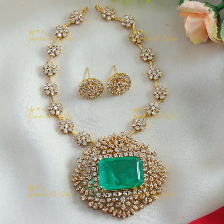 Stunning Floral design AD short necklace with rectangle stone - green - Sparkle and Glow - Green - Back Thread
