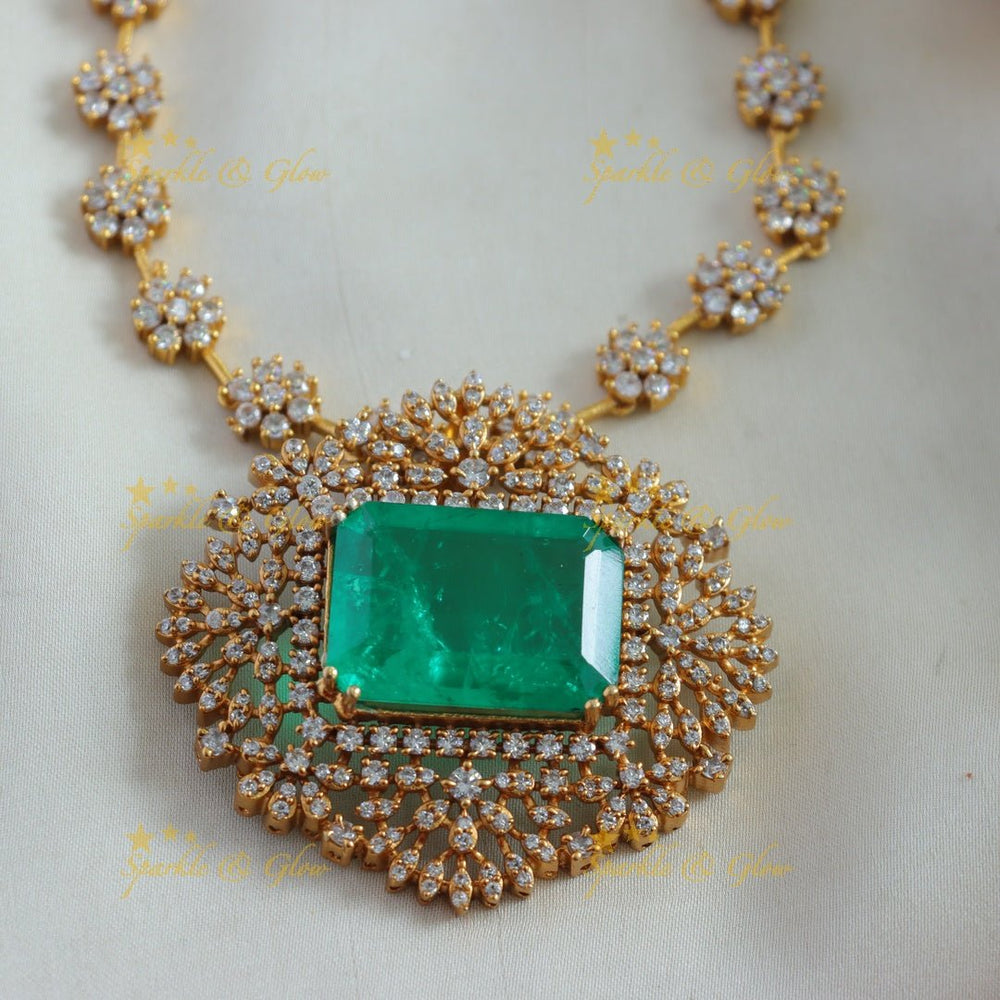 Stunning Floral design AD short necklace with rectangle stone - green - Sparkle and Glow - Green - Back Thread