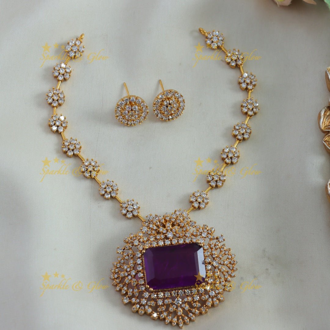 Stunning Floral design AD short necklace with rectangle stone - green - Sparkle and Glow - Purple - Back Thread