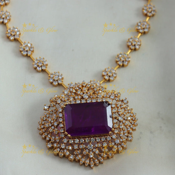 Stunning Floral design AD short necklace with rectangle stone - green - Sparkle and Glow - Purple - Back Thread