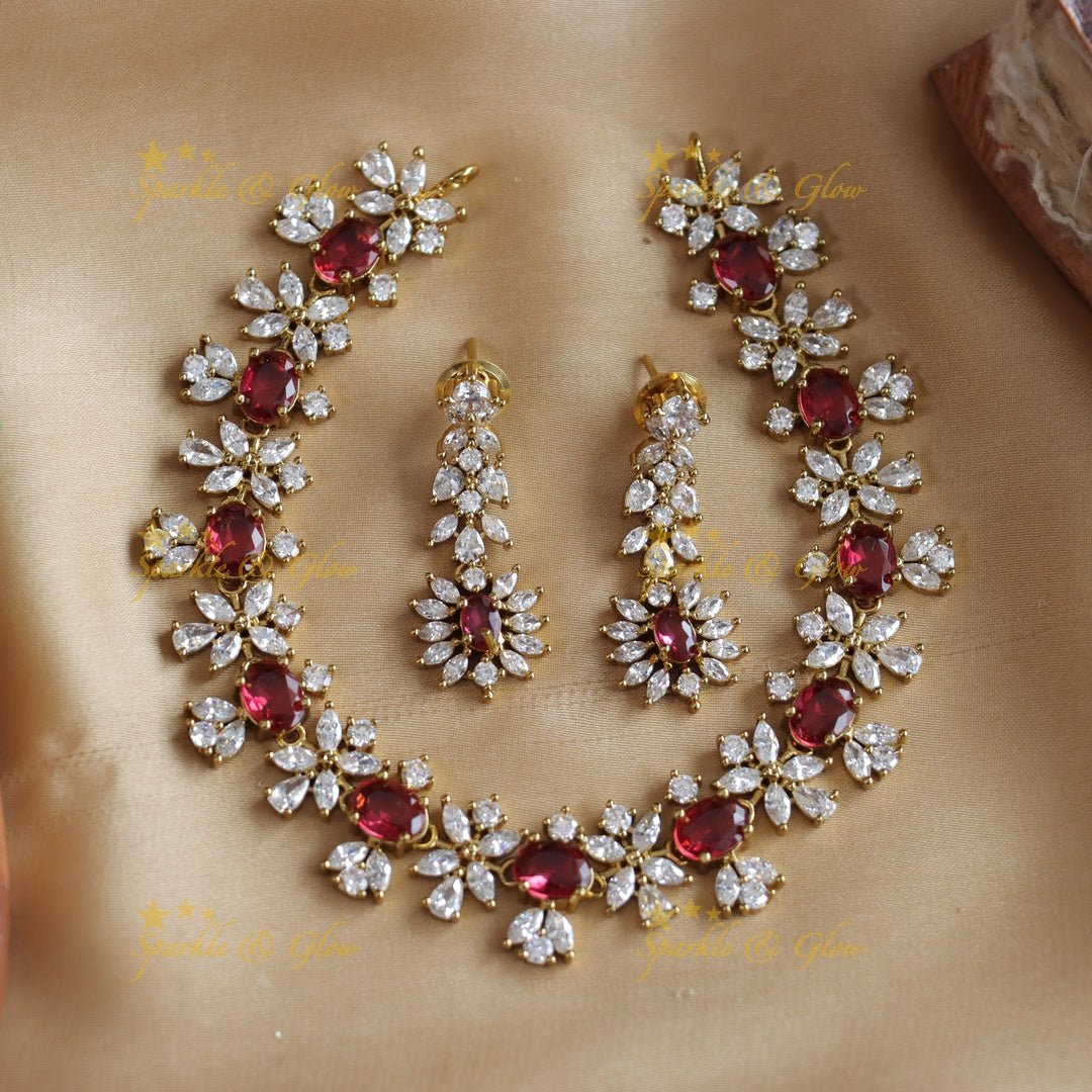 Sparkling Oval stone and floral design AD short necklace - red - Sparkle and Glow - Purple - Back Thread