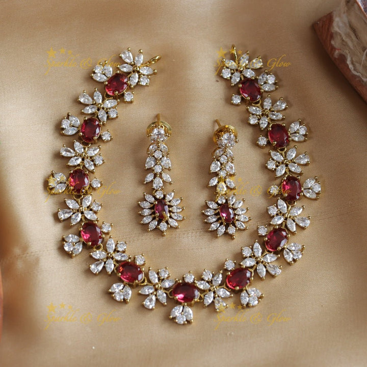 Sparkling Oval stone and floral design AD short necklace - red - Sparkle and Glow - Purple - Back Thread