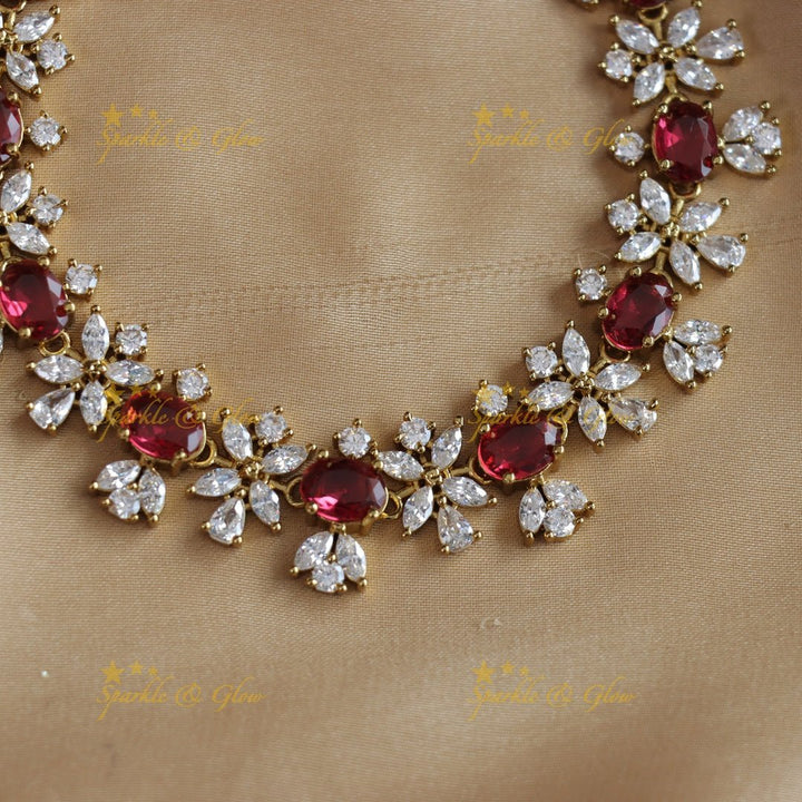 Sparkling Oval stone and floral design AD short necklace - red - Sparkle and Glow - Purple - Back Thread