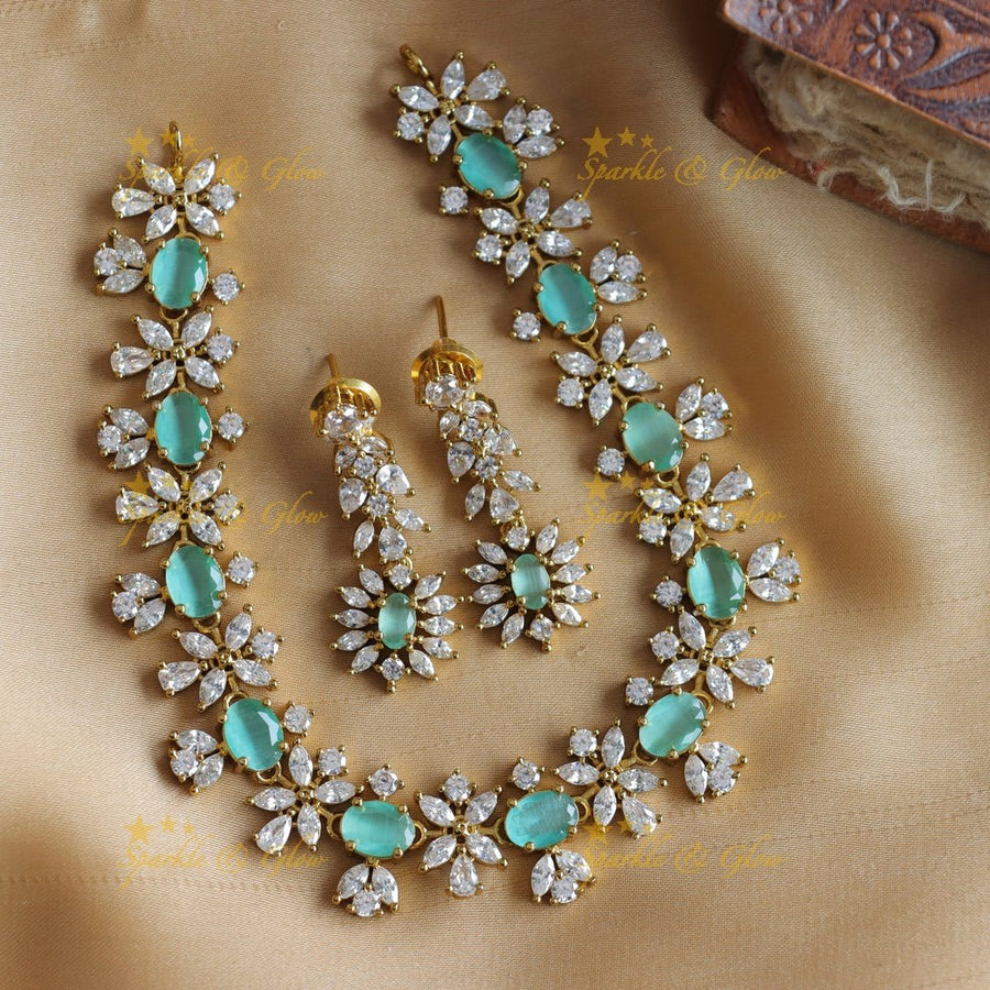 Sparkling Oval stone and floral design AD short necklace - red - Sparkle and Glow - Red - Back Thread