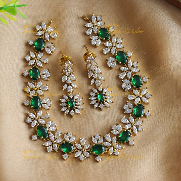 Sparkling Oval stone and floral design AD short necklace - red - Sparkle and Glow - Green - Back Thread