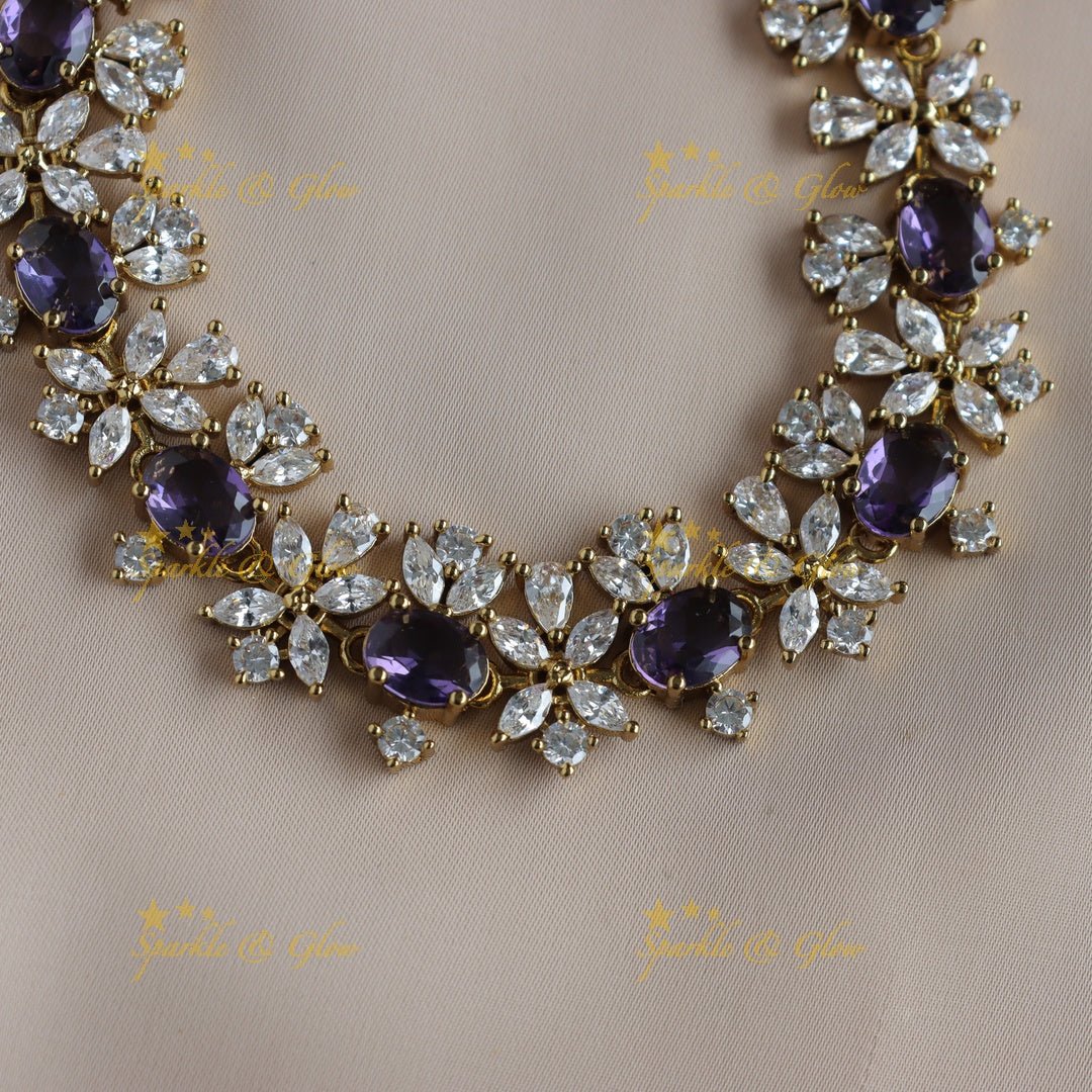 Sparkling Oval stone and floral design AD short necklace - red - Sparkle and Glow - Purple - Back Thread